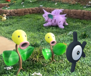 よみうりランドのポケパークカントーのポケモンフォレストのニドリーノとポッポとマダツボミとポケモンGOのアンノーン